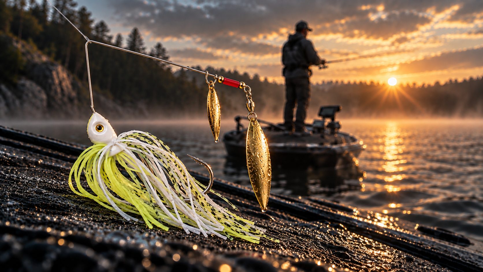 White and chartreuse spinnerbait with two gold blades in a dawn fishing scene.