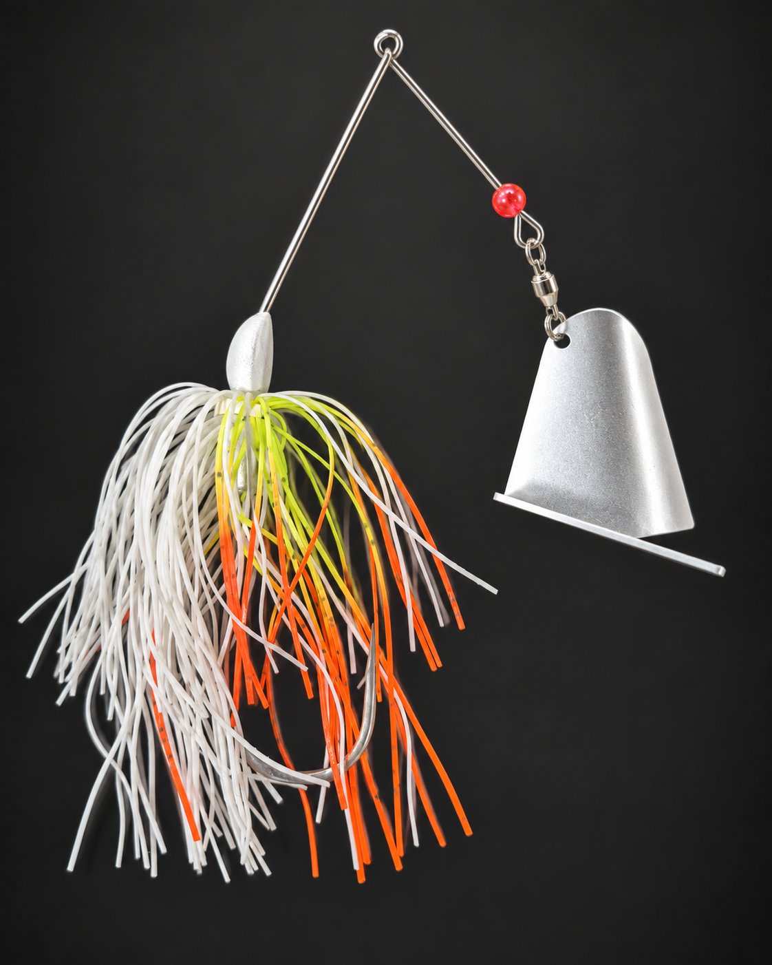 Kitchen Sink with a white head, white, chartreuse and orange skirt strands and a folded silver-colored blade.