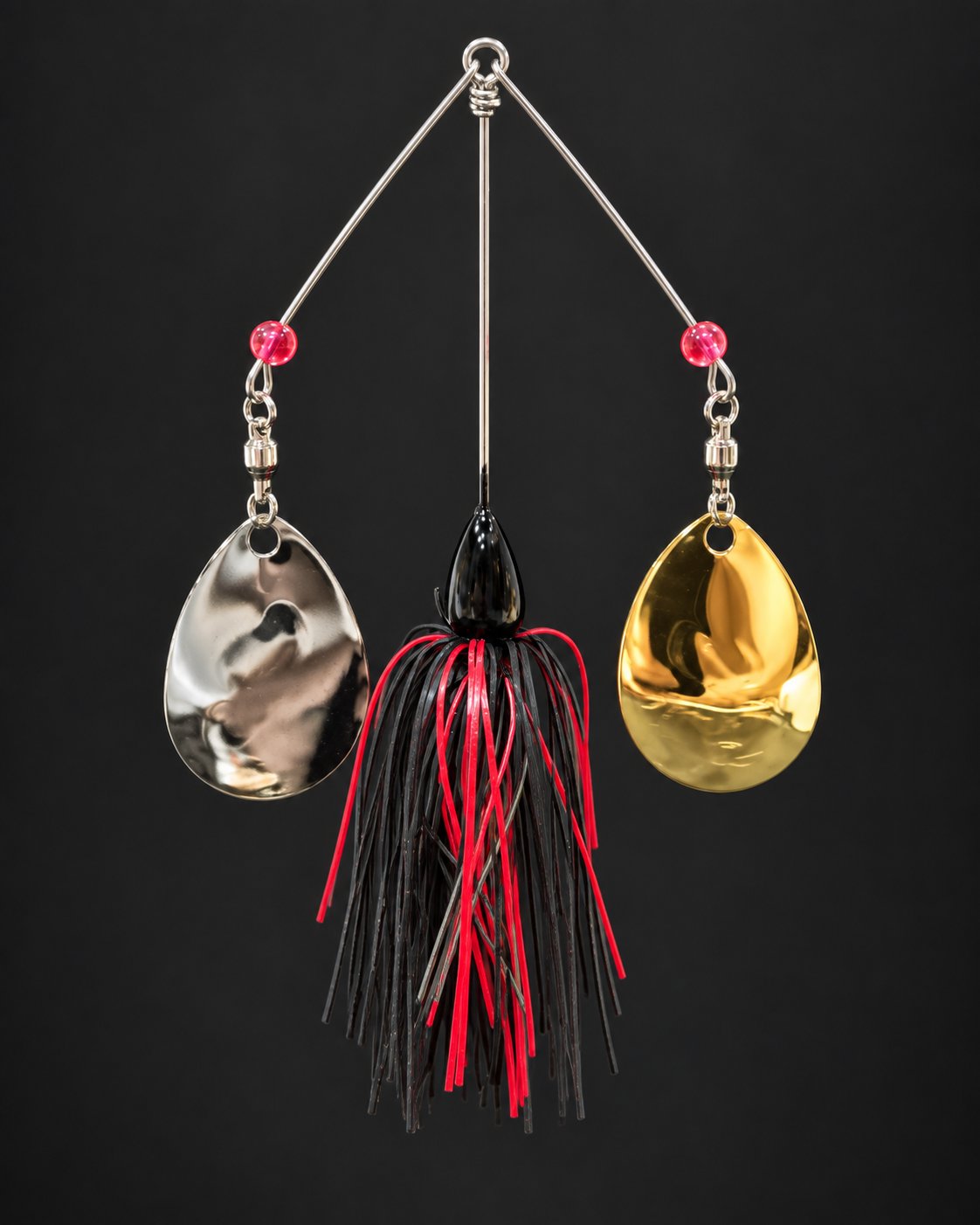Double-arm spinnerbait with a black and red skirt and gold and silver-colored blades.