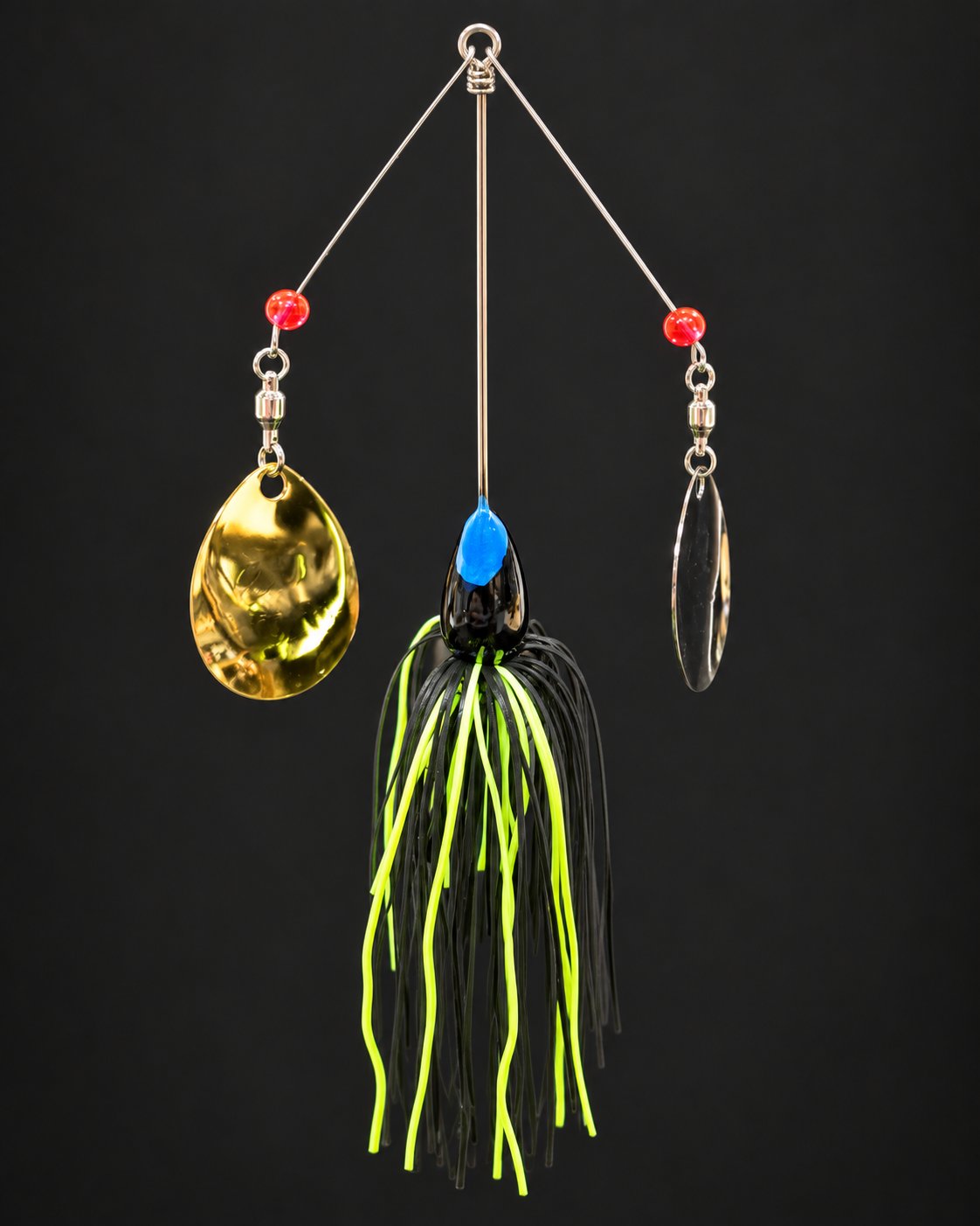 Double-arm spinnerbait with a blue detail on its black head and a chartreuse and black skirt.