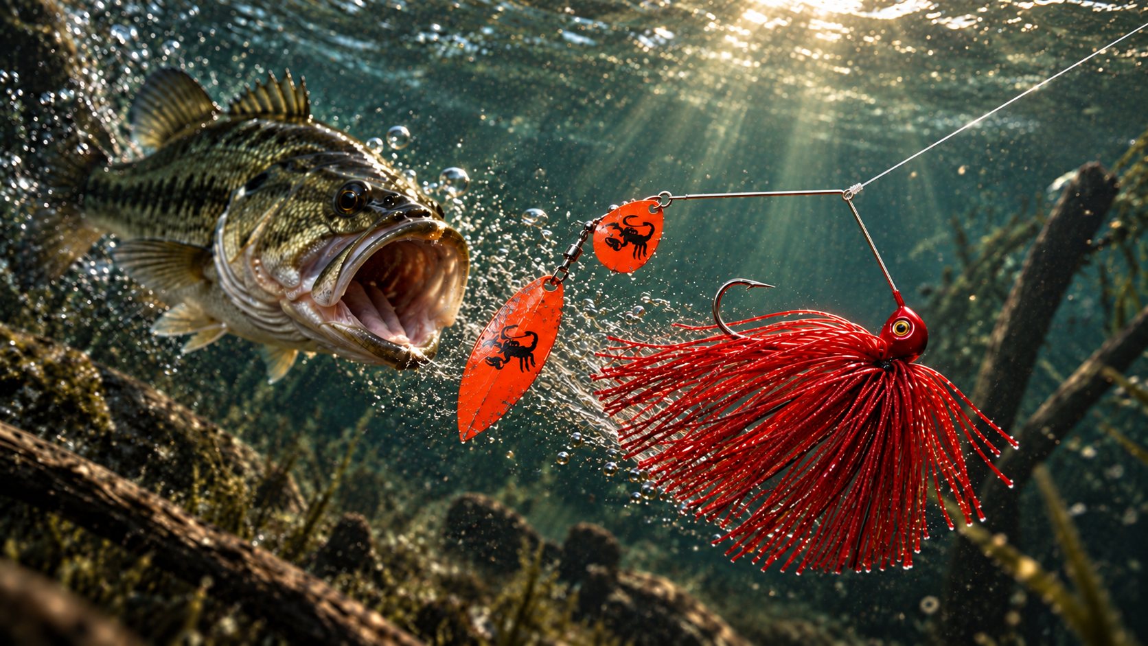 Concept underwater scene of a bass approaching a red spinnerbait with orange blades.